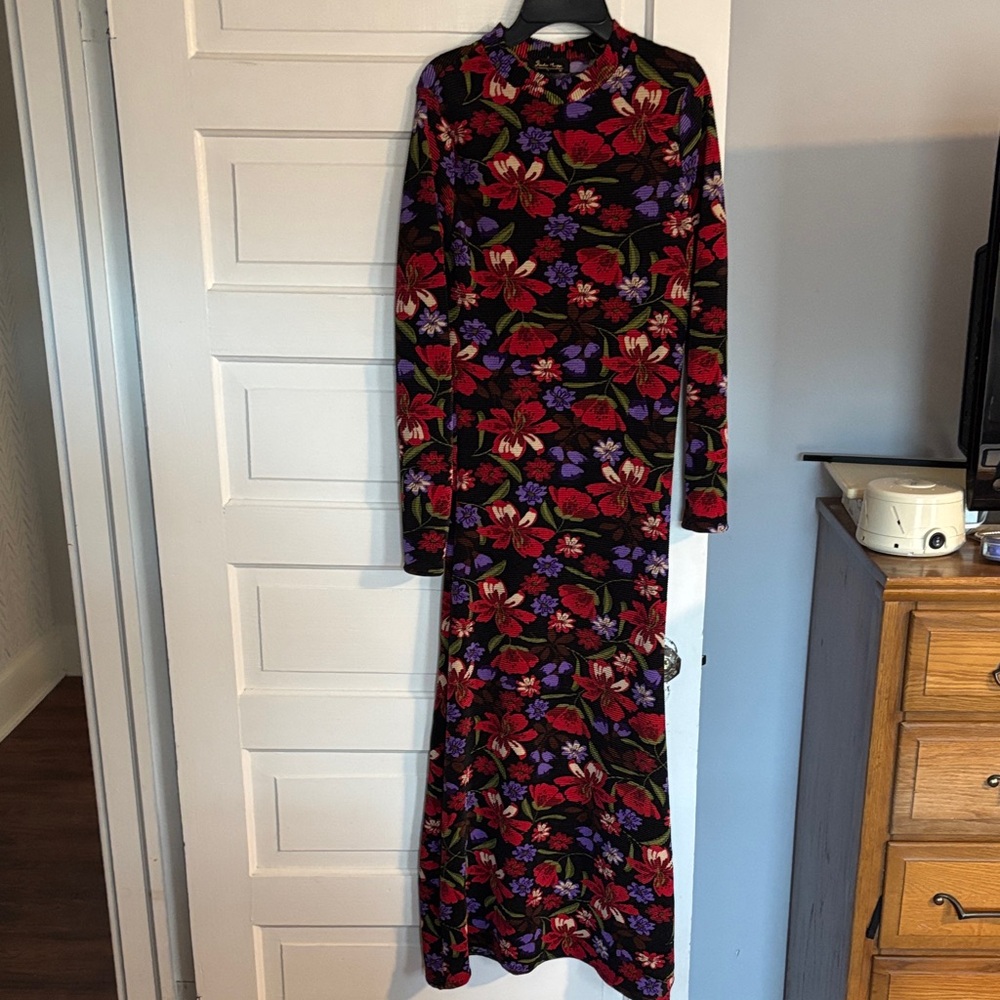 Long Sleeve Floral Maxi Dress in Black with Red & Purple Florals